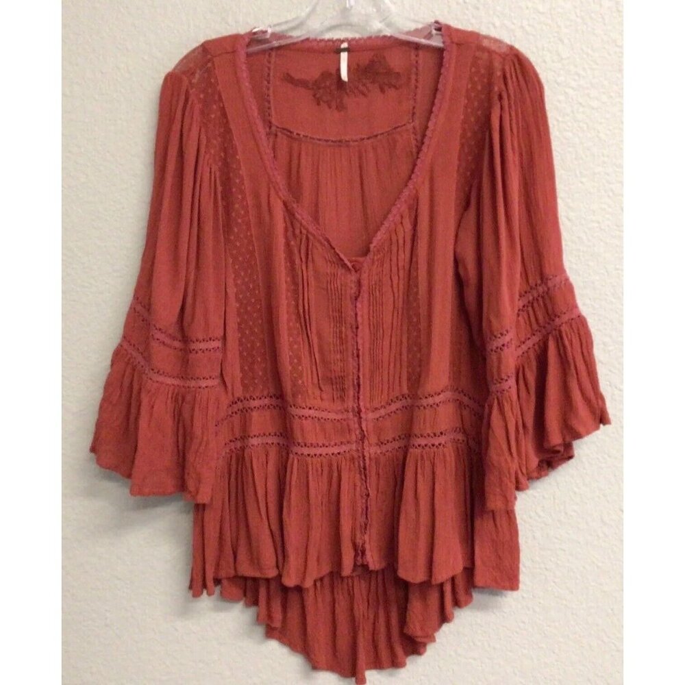 Free People Boho Tunic Top Blouse Size XS Pin Tuck Buttons Burnt Orange